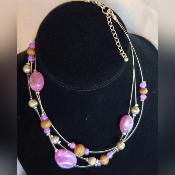 Vintage  Purple and Wooden Beaded Wire Strand Necklace - Picture 2 of 7